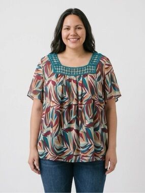Lane Bryant Teal & Multi Leaf-Print Short Sleeve Blouse